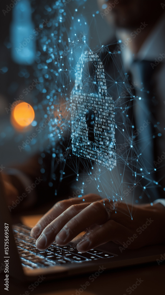 Poster data protection privacy concept. gdpr. cyber security network. man protecting data and personal info