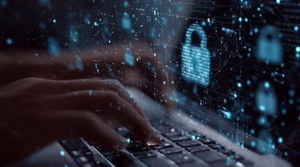 Data protection privacy concept. GDPR. Cyber security network. Man protecting data and personal information on computer with digital padlock, internet technology networking