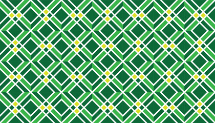 Seamless geometric pattern with overlapping diamond shapes in shades of green, accented by small yellow squares