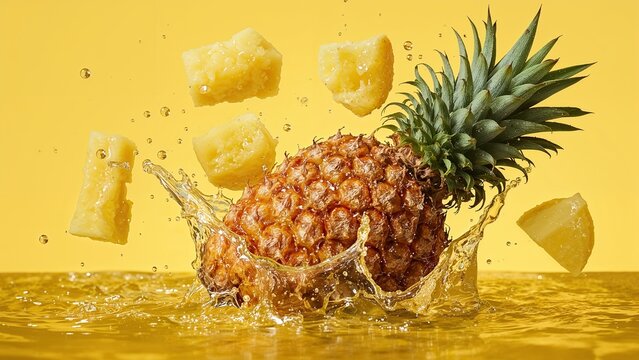 A vibrant splash of golden tropical juice surrounds a juicy pineapple and flying pieces on a bright yellow background