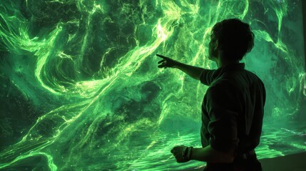 A person interacts with a vibrant green abstract display.