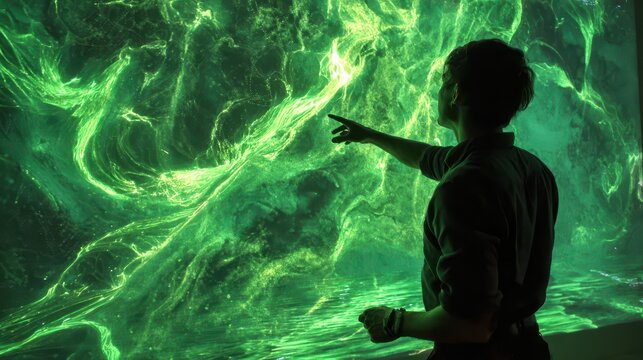 A person interacts with a vibrant green abstract display.