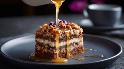 Close-up of a Delicious Chocolate Caramel Cake