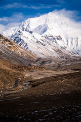 vertical view of Everest Mountain Peak - the top of the world (8848 m) Tibet base camp 