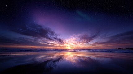 Vibrant Sunset and Starry Night Sky Reflected in Ocean Water