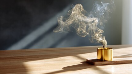 Golden Brass Incense Burner with Sparkling Smoke on Wooden Table in Sunlight
