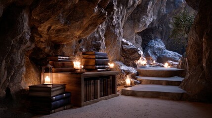 Enchanted Cave Library with Old Books and Lanterns
