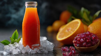 Refreshing Orange and Pomegranate Juice in Glass Bottle on Ice