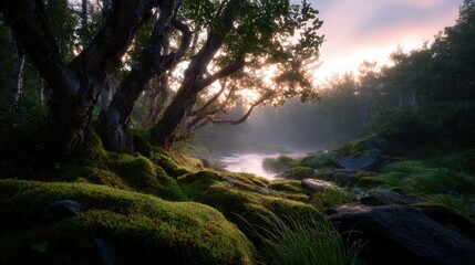 Misty Sunrise Over a Forest River