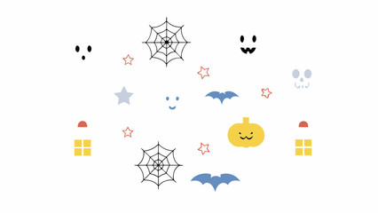 Halloween themed illustration with ghosts, spiderwebs, bats, pumpkins and stars scattered around
