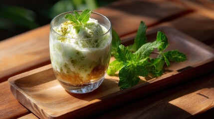 Refreshing Mint Kiwi Ice Cream Dessert on Wooden Tray