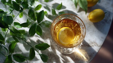 Overhead View of Refreshing Lemon Drink in Sunlight
