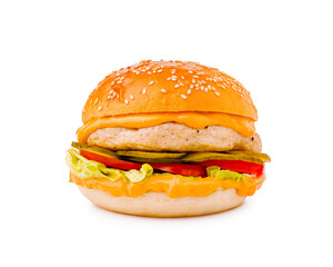 Juicy chicken burger with cheese and fresh toppings on a sesame bun