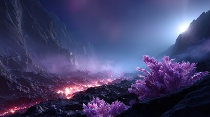 Glowing Purple Coral in a Dark Mountain Valley at Night