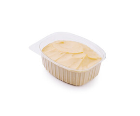 Creamy sauce in plastic packaging, ideal for pasta, dipping, or cooking, with smooth texture and light yellow color.