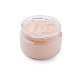 Pink creamy sauce in a transparent jar, smooth and rich, perfect for burgers, sandwiches, or...