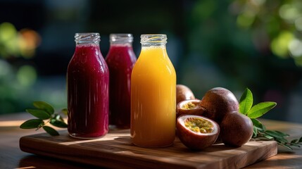 Three Bottles of Colorful Fruit Juice with Passion Fruit