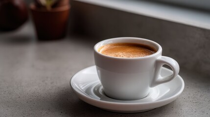 Espresso in White Cup on Gray Surface with Natural Light