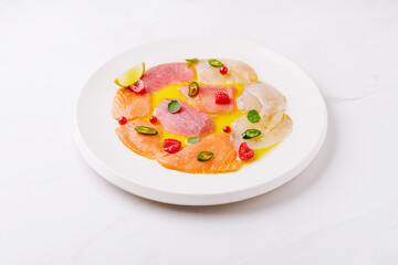 Ceviche featuring assorted seafood with fresh garnishes and vibrant colors