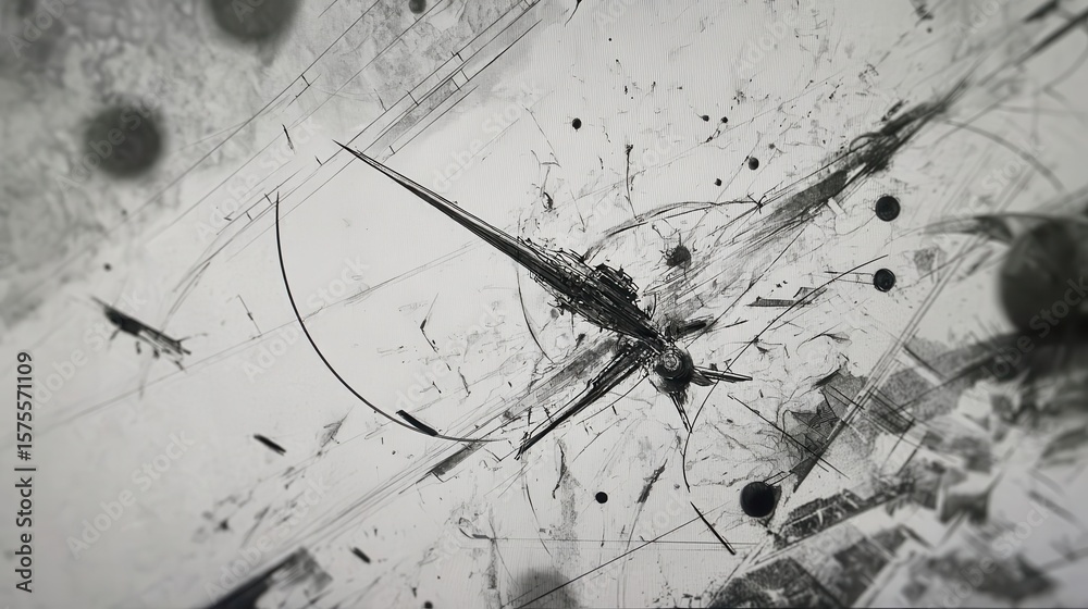 Poster abstract design with intricate black lines and splashes.