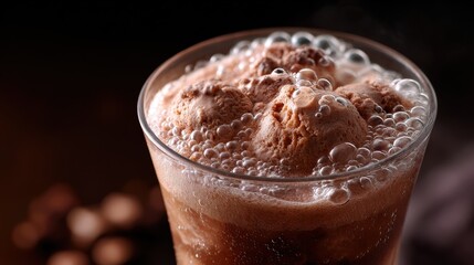 Closeup of a Creamy Brown Fizzy Drink with Ice in a Glass