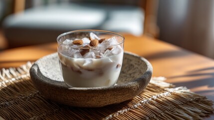 Creamy Almond Milk Drink with Ice in Glass Bowl on Wooden Table