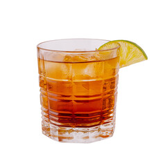 Refreshing drink served in a glass with lime garnish on a clear background