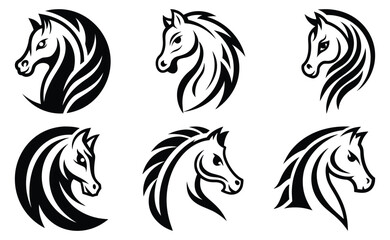 Stylized Horse Vector Heads Logos in Black and White Silhouettes Illustration