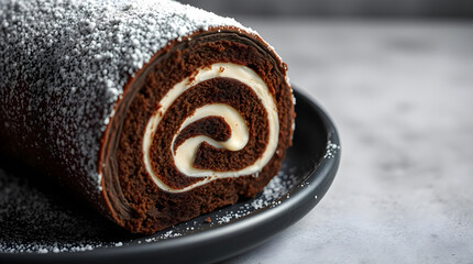 Delicious chocolate swiss roll cake with cream filling resting on black plate