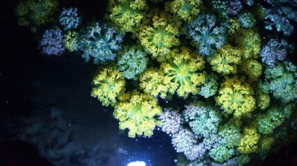 Close-up view of clusters of small, vibrant, colorful organisms.