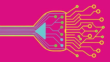 Vibrant digital circuit board illustration abstract technology concept design on pink background