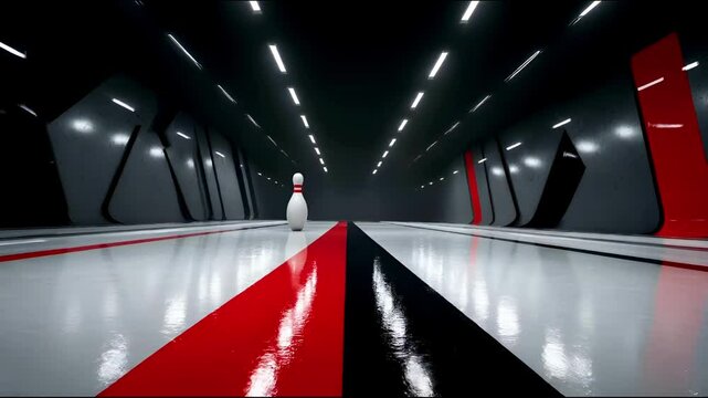Bowling pin stands in an empty alley with reflections on polished floor at a modern bowling center