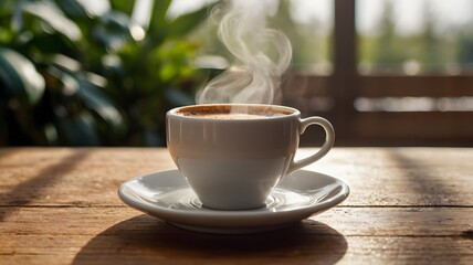 Taza de café humeante en mesa de madera al aire libre