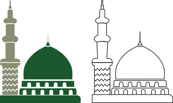 Masjid Nabawi Dome at Medina Saudi-Arabia vector illustration icon set. Hajj Mubarak. Milad un Nabi Muhammad Arabic calligraphy mosque Ramadan Eid banner symbol isolated on transparent background.