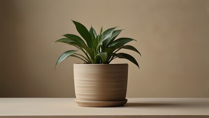 Planta ornamental en maceta de cerámica sobre fondo beige