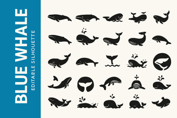 Naklejka premium Blue Whale Silhouette Icon: Marine Life & Giant Ocean Mammal Black Vector