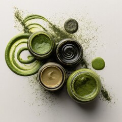 Assorted green gourmet sauces in glass jars with artistic smears and powder on white background — creative culinary top view for modern food branding
