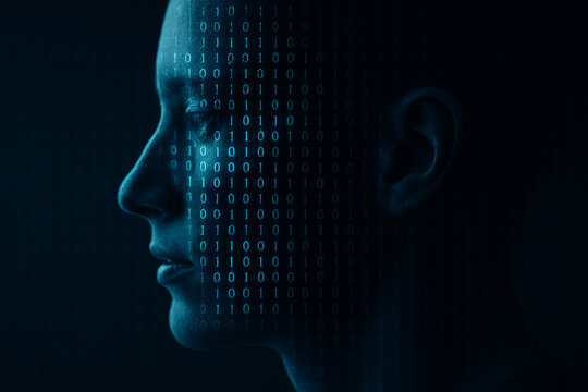 Profile of a person with digital binary code overlaying their face. Abstract concept of AI-human fusion, digital identity, and integration of consciousness and technology.