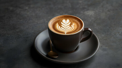 Fototapeta premium Dark moody cappuccino with heart-shaped latte art in a ceramic cup, captured in low light for a cozy and atmospheric coffee moment