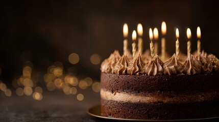 Rich chocolate birthday cake with glowing candles and soft golden bokeh on a dark moody background, styled for elegant celebration visuals and festive event promotions with warm ambient lighting