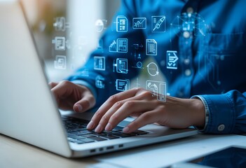 Ultra high resolution photo-realistic image of a man’s hand typing on a silver laptop