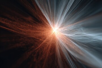 Abstract digital structure made of particles and gradients radiates light beams from its core, visualizing neural networks and artificial intelligence in a conceptual high-resolution cinematic render.