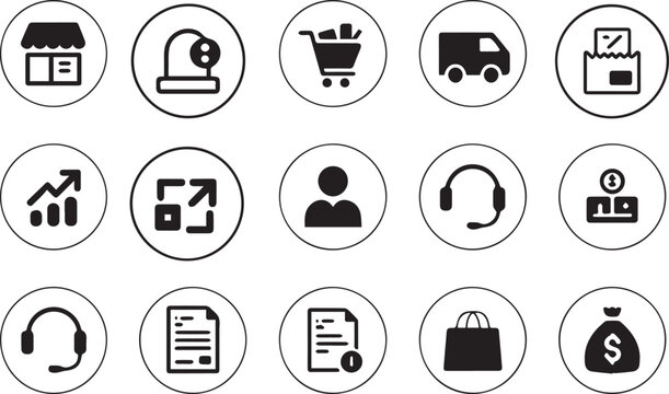 e-commerce pictograms in black outline style, placed inside circles. Icons include storefront, cart with items, delivery van, upward trending graph, customer support headset, invoice, and bag with dol