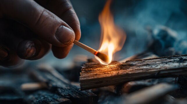 Close-up of hand lighting match near firewood - Powered by Adobe