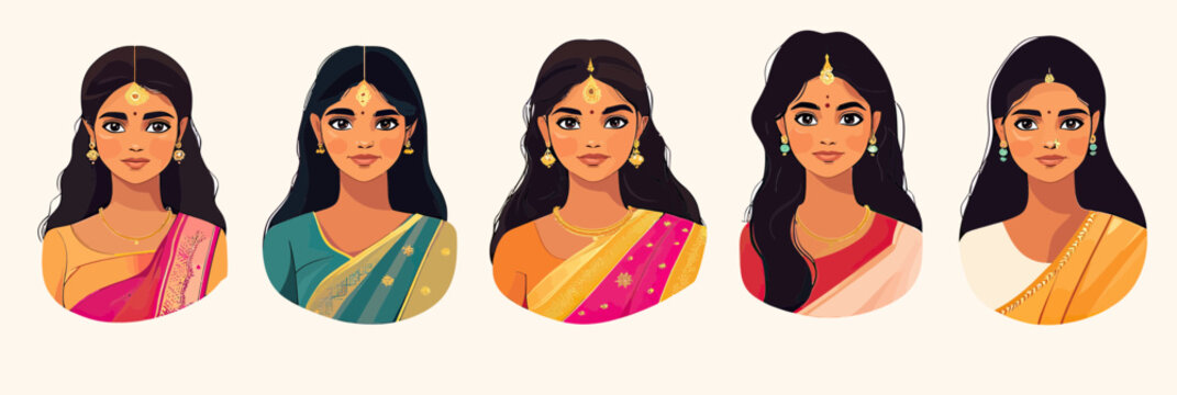 Set of five Indian women avatars wearing traditional sarees with jewelry and hairstyles, flat minimalist vector portraits of South Asian girls in colorful ethnic dress for cultural representation