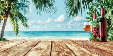 Fototapeta premium Tropical Paradise Beachfront Wine Glass, Swaying Palm Trees, and Azure Horizon on a Sunny Day