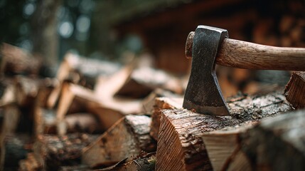 Close up shot of a firewood stack with axe leaning