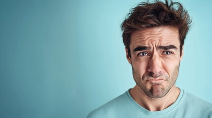 Obraz premium A man frowning in confusion on a pastel blue background, subtle shadowing, emotional depth in eyes, clear focus on facial contours