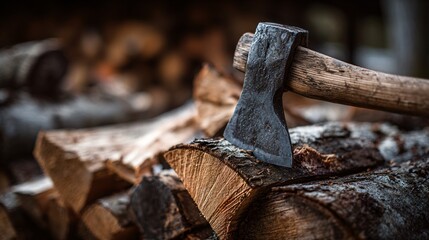 Close up shot of a firewood stack with axe leaning