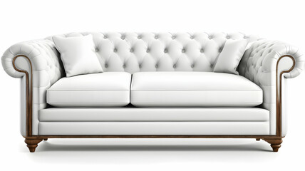 Elegant white leather Chesterfield sofa with deep tufted upholstery and dark wooden legs isolated on white background
